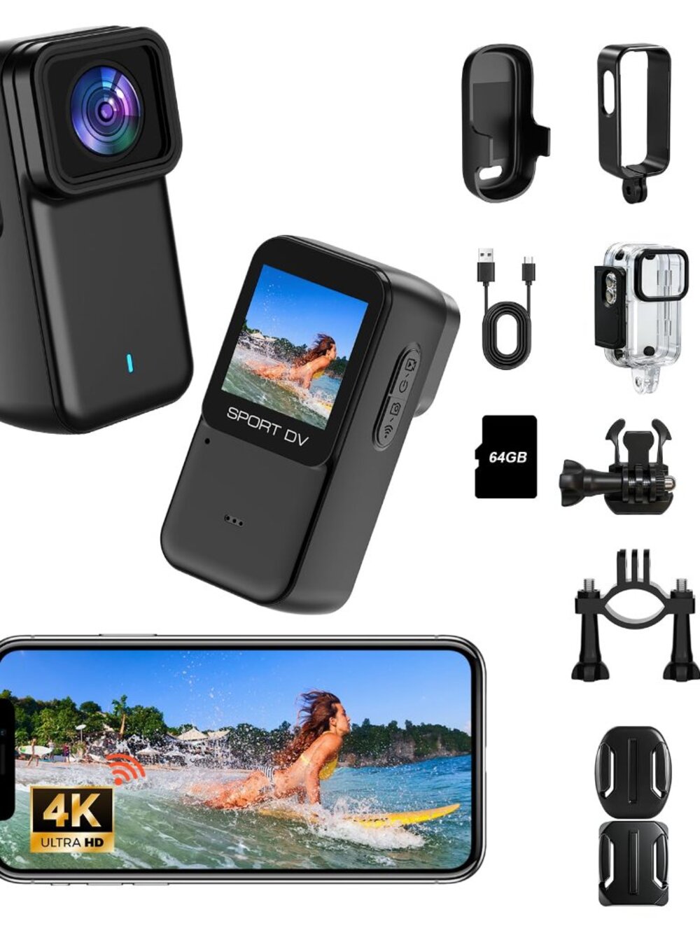 NEW 4K Mini Action Camera with Screen 64GB Card Waterproof Body Wi-Fi Thumb Cam